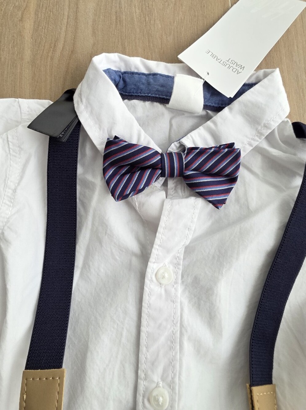 H&M Baby Formal Outfit NWT 12–18M White Shirt Navy Pants Suspenders Bow Tie - Picture 3 of 6